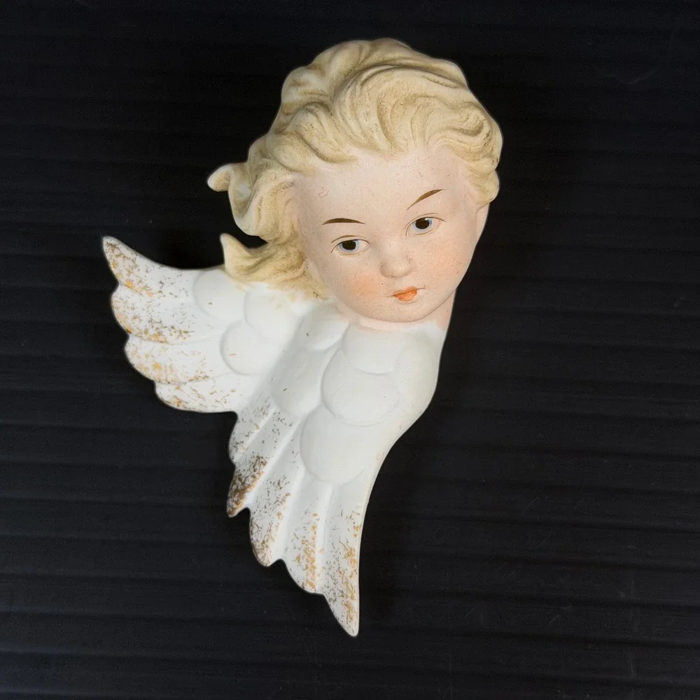 Vtg Lefton Wall Bisque Porcelain White Angel Cherub Set Gold Accent KW2342